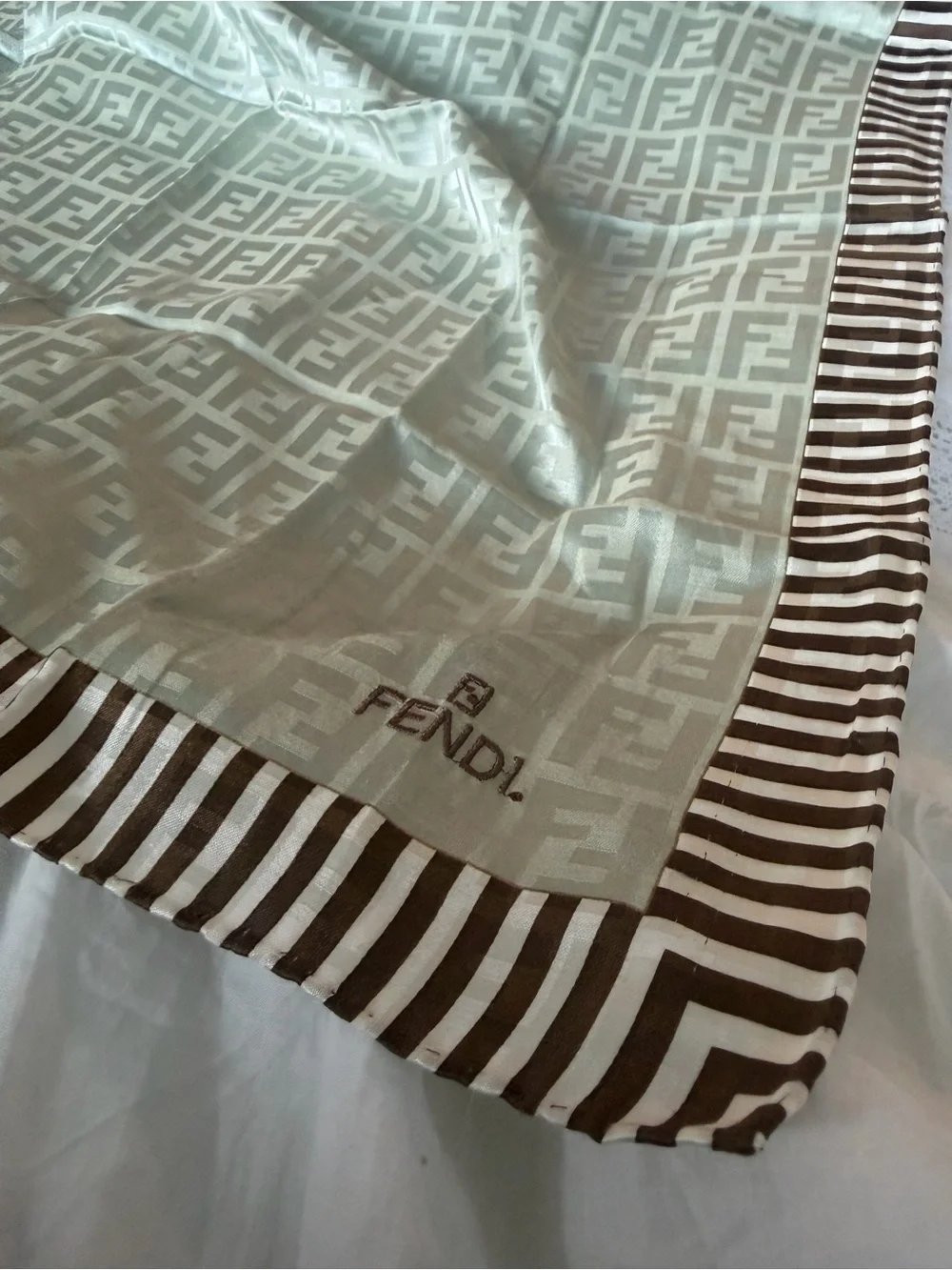 Fendi Monogram Silk Scarf in gray/silver with striped brown Border